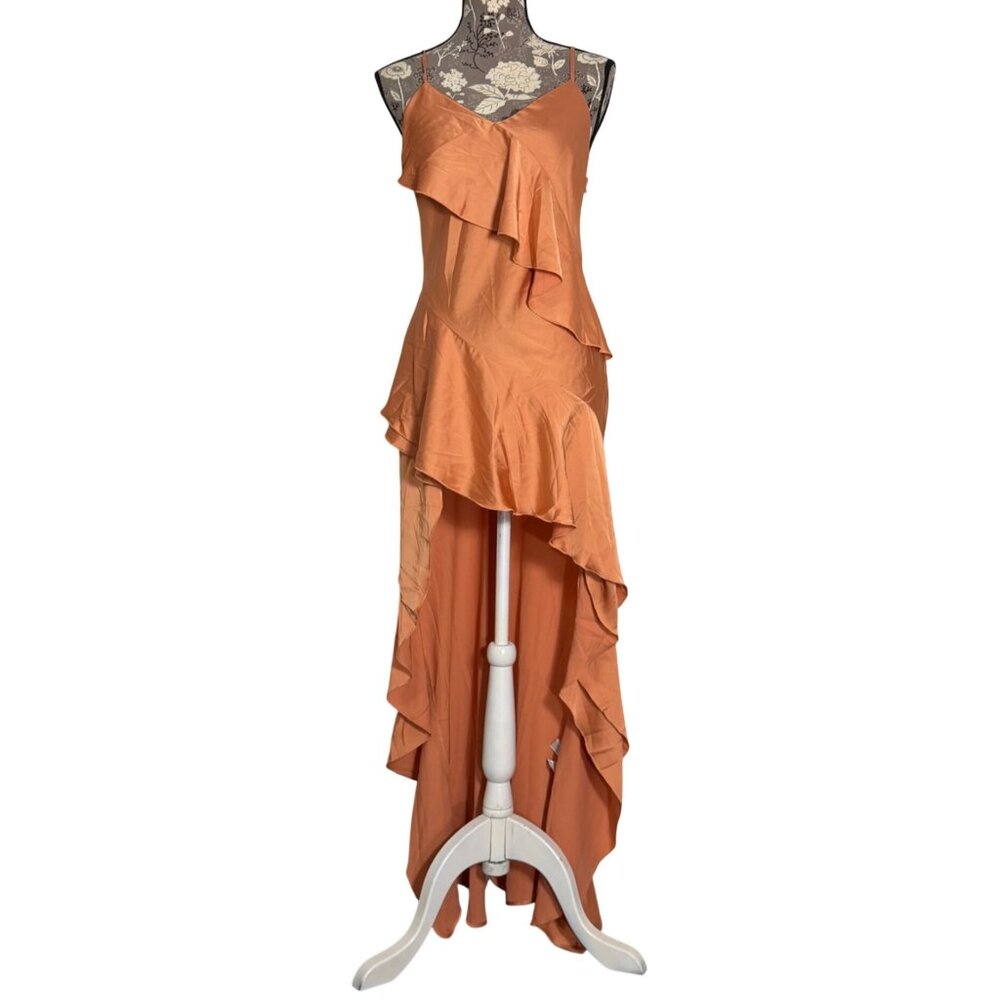 NWT Layered Ruffle High Low Maxi Toasted Almond Satin Dress Forever 21 Womens SM